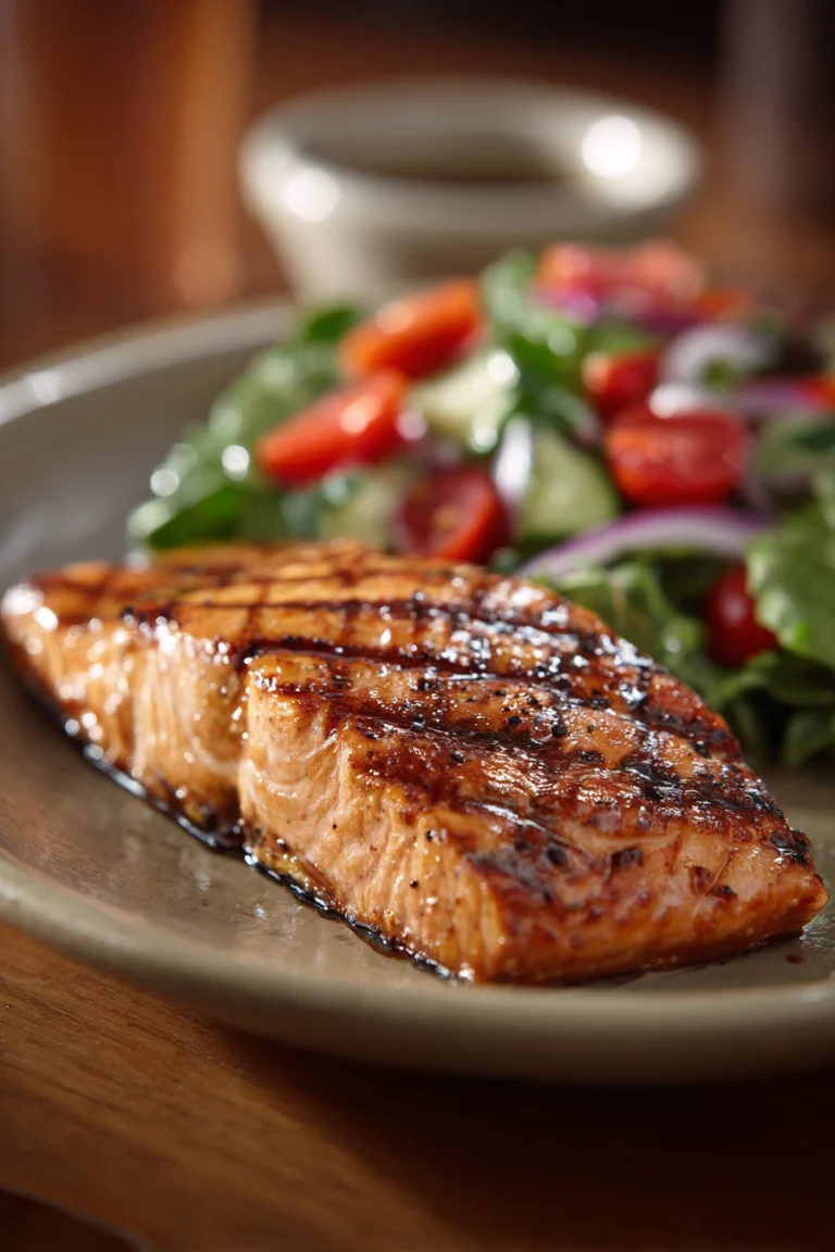 Close-up of Texas Roadhouse grilled salmon with a clean background and warm lighting.