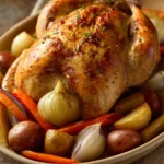 Close-up of a turkey dinner with golden-brown turkey, mashed potatoes, and vegetables.