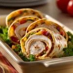 Close-up of turkey dinner roll ups with creamy sauce on a white plate