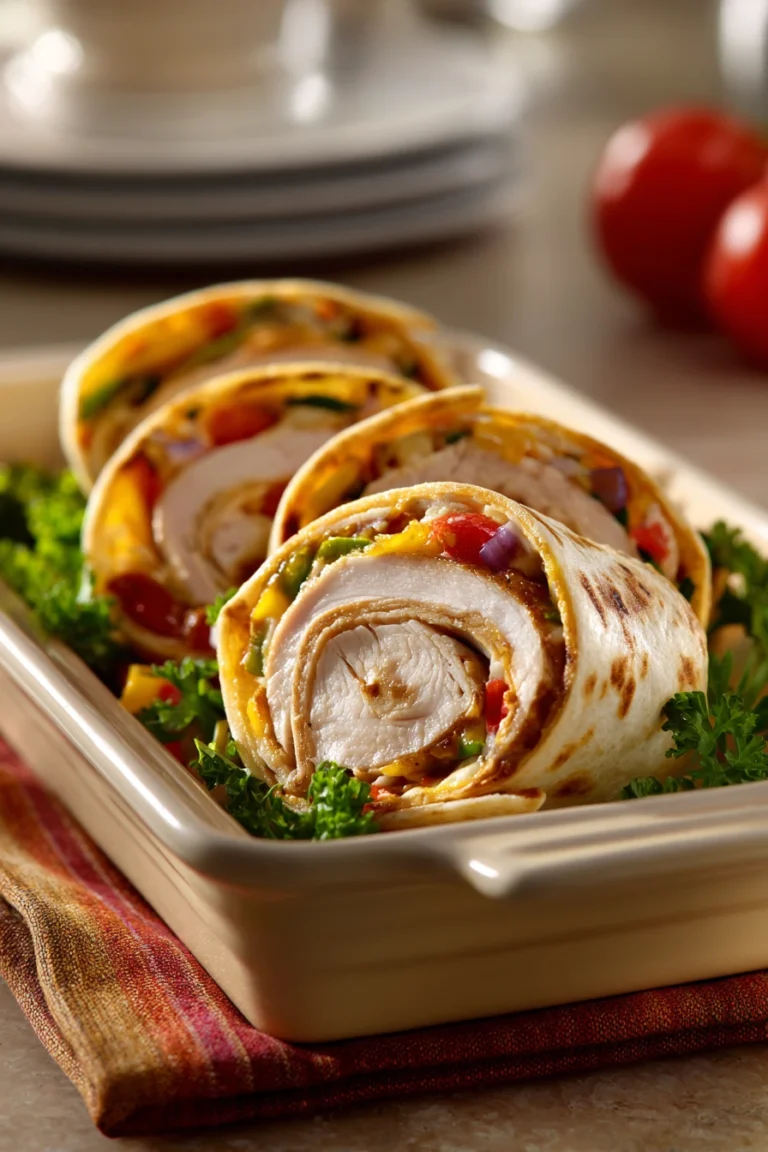Close-up of turkey dinner roll ups with creamy sauce on a white plate