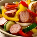 Close-up of turkey kielbasa low carb dinner with vibrant vegetables and herbs