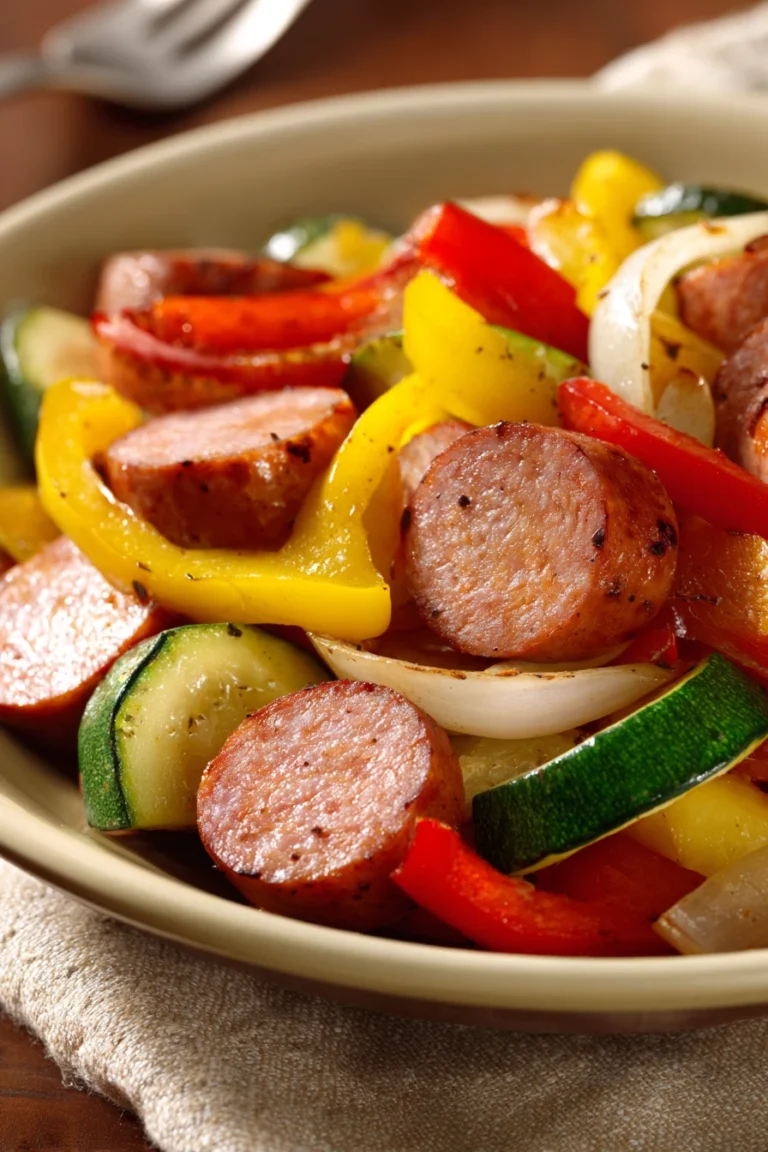 Close-up of turkey kielbasa low carb dinner with vibrant vegetables and herbs