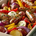 Close-up of a turkey sausage sheet pan dinner with colorful vegetables