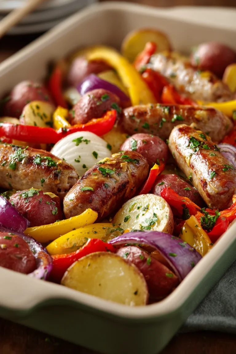 Close-up of a turkey sausage sheet pan dinner with colorful vegetables