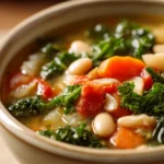 Close-up of Tuscan White Bean Soup with herbs in a white bowl