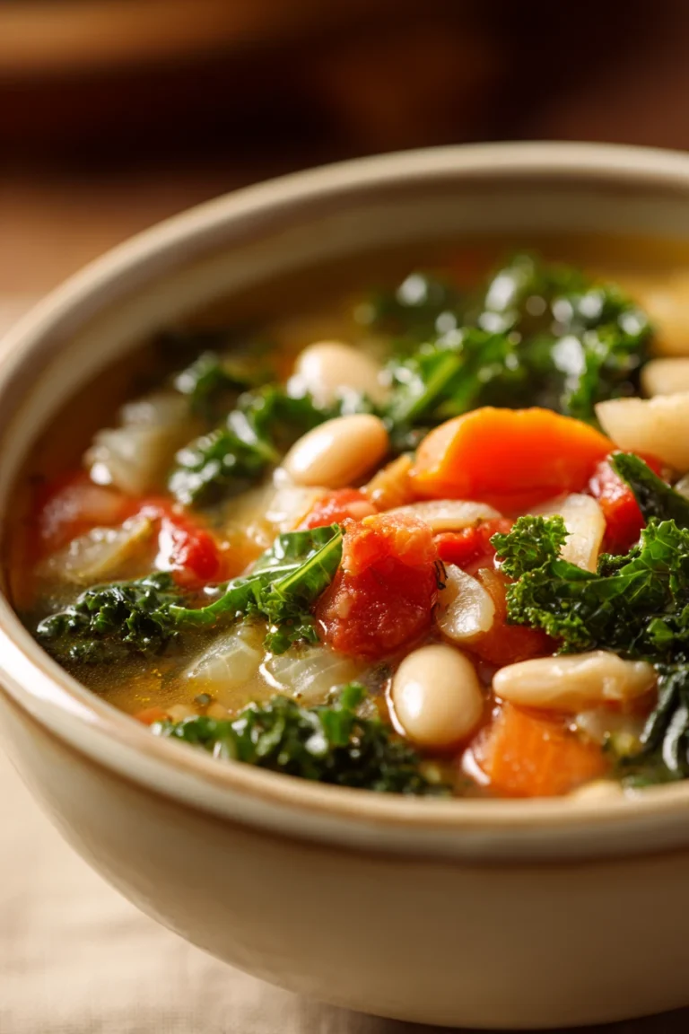 Close-up of Tuscan White Bean Soup with herbs in a white bowl