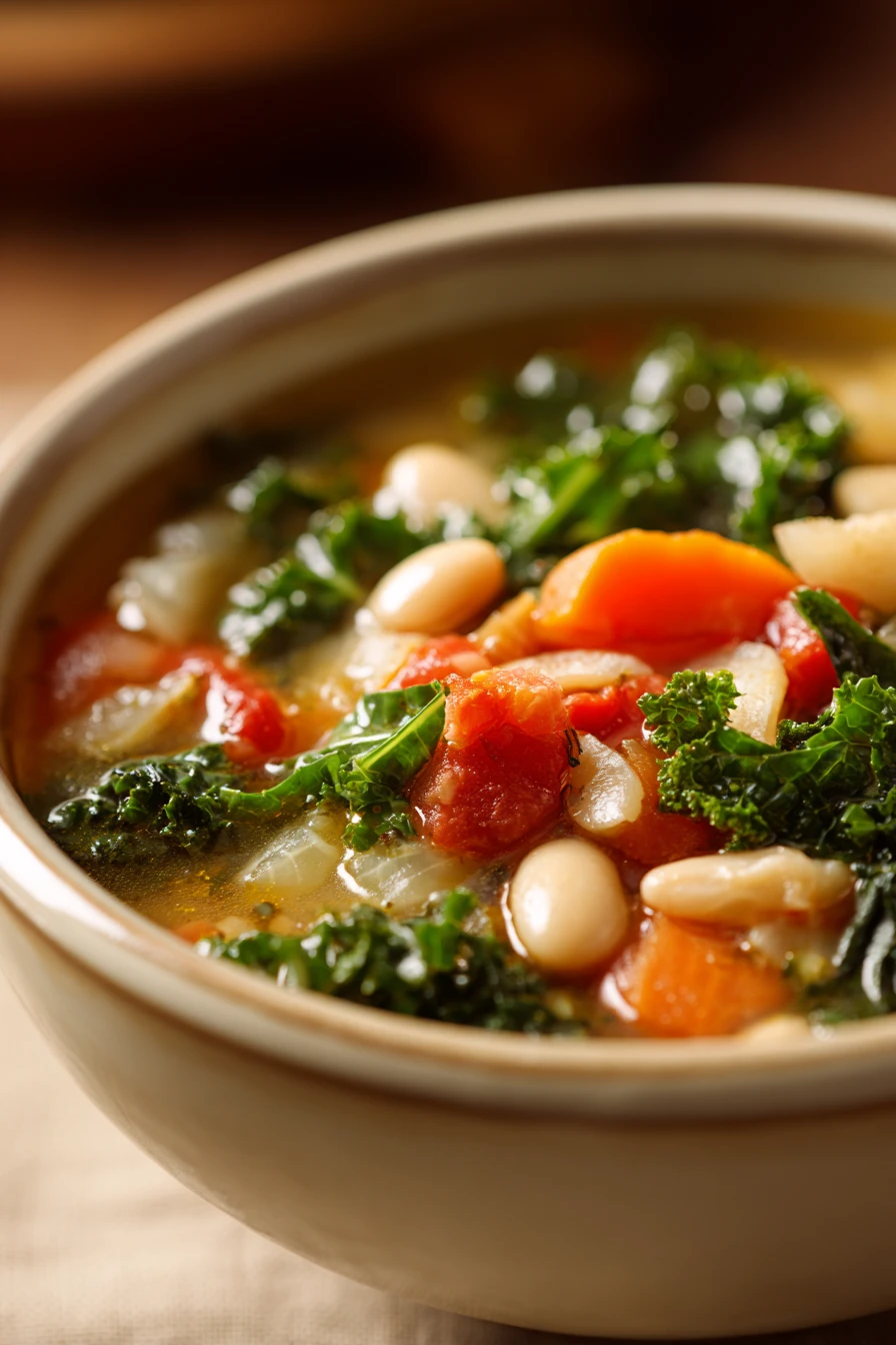 Close-up of Tuscan White Bean Soup with herbs in a white bowl