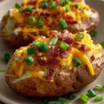 Close-up of twice-baked loaded breakfast potatoes with cheese and herbs