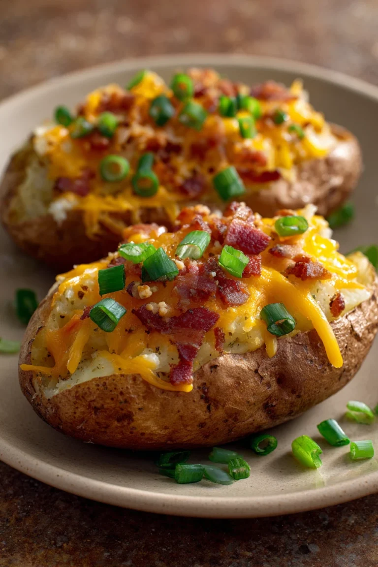 Close-up of twice-baked loaded breakfast potatoes with cheese and herbs
