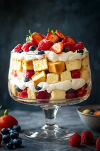 Close-up of a vanilla cake trifle with layers of cake, cream, and fruit in a glass.