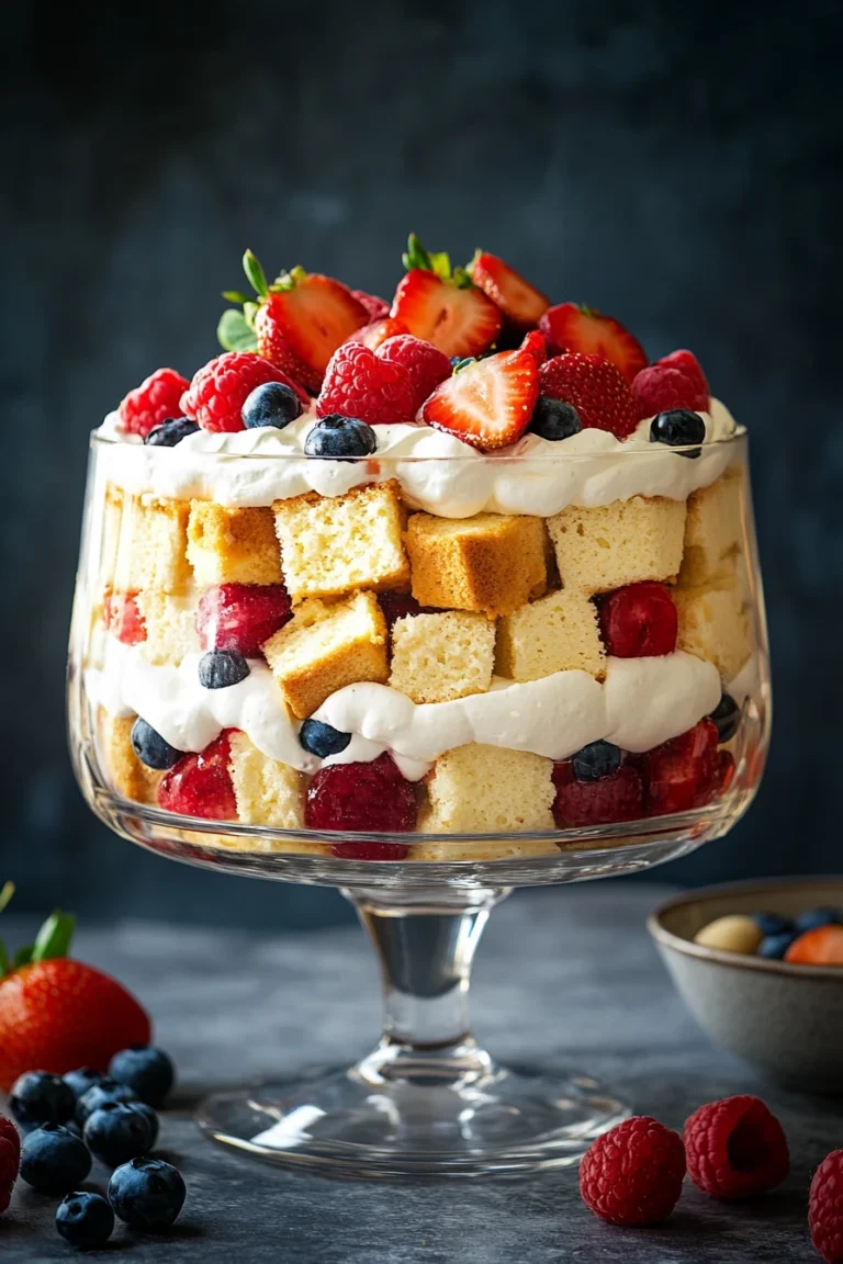 Close-up of a vanilla cake trifle with layers of cake, cream, and fruit in a glass.