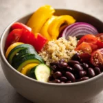 Close-up of a colorful vegetarian salad with fresh vegetables, perfect for meal prep