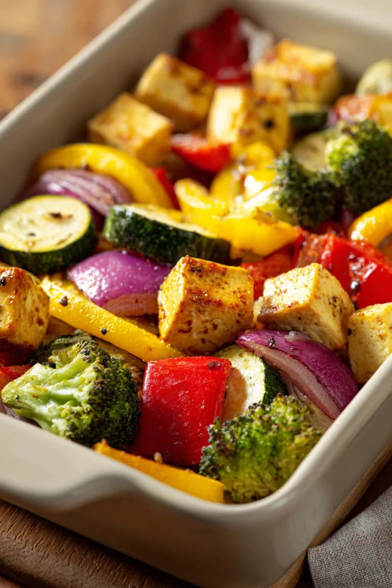 Close-up of a colorful sheet pan dinner with tofu, vegetables, and herbs
