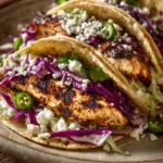 Close-up of zesty grilled chicken tacos with fresh toppings on a clean background
