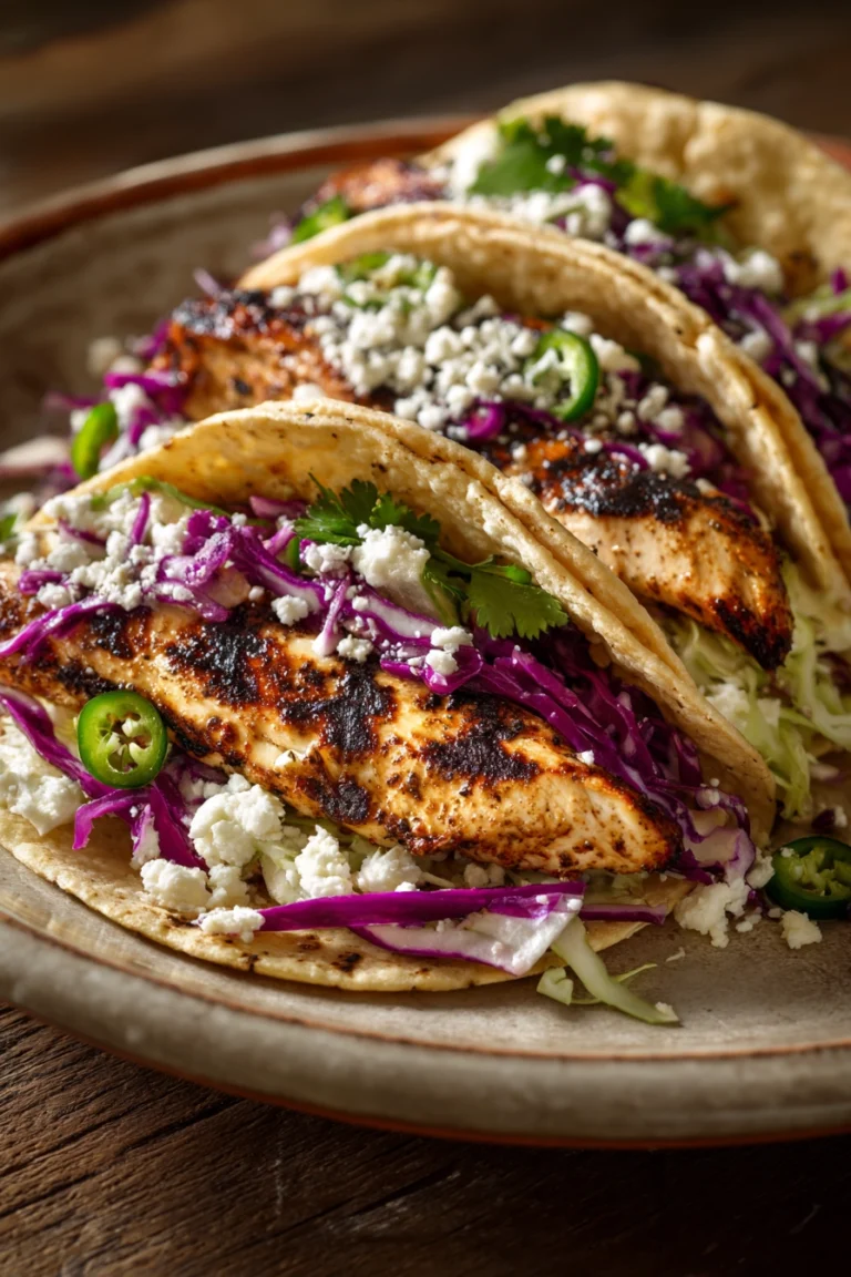 Close-up of zesty grilled chicken tacos with fresh toppings on a clean background