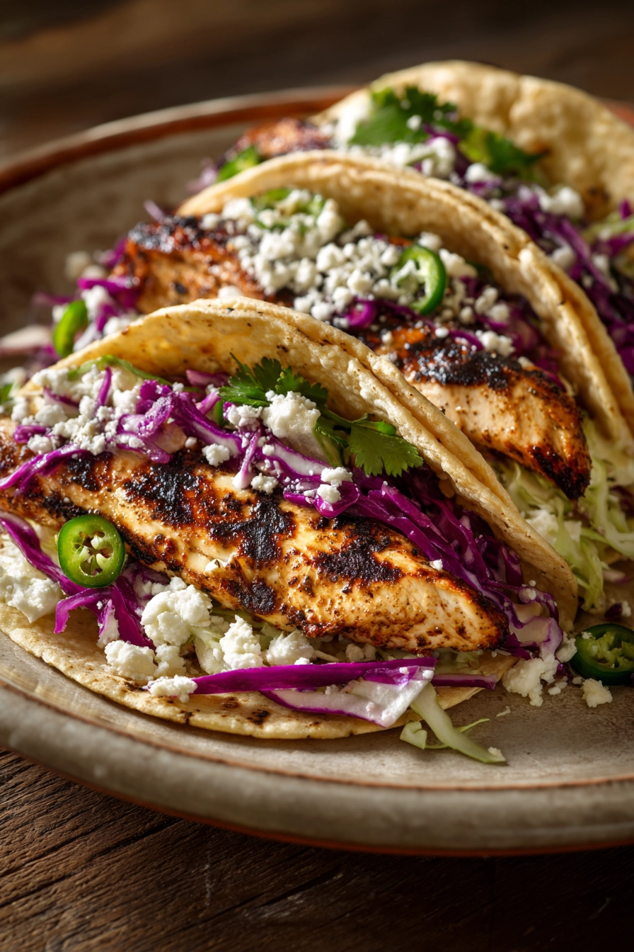 Close-up of zesty grilled chicken tacos with fresh toppings on a clean background