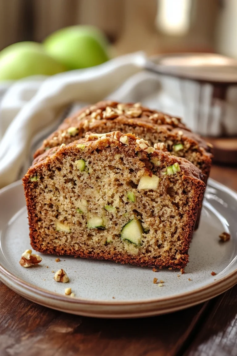 Close-up of zucchini bread with visible apple pieces on a clean background