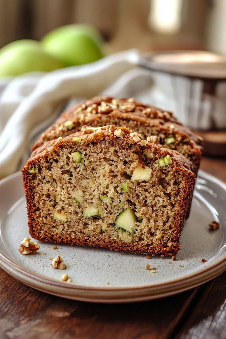 Close-up of zucchini bread with visible apple pieces on a clean background