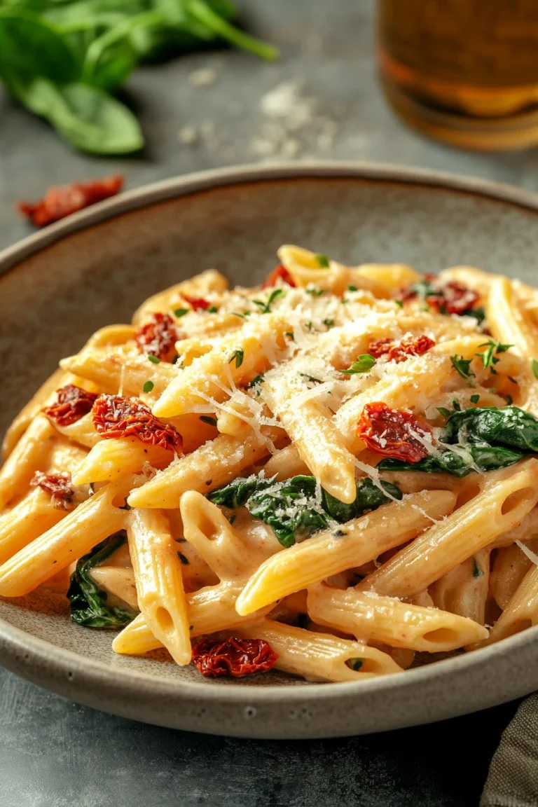 Close-up of creamy Tuscan pasta with herbs in a white bowl