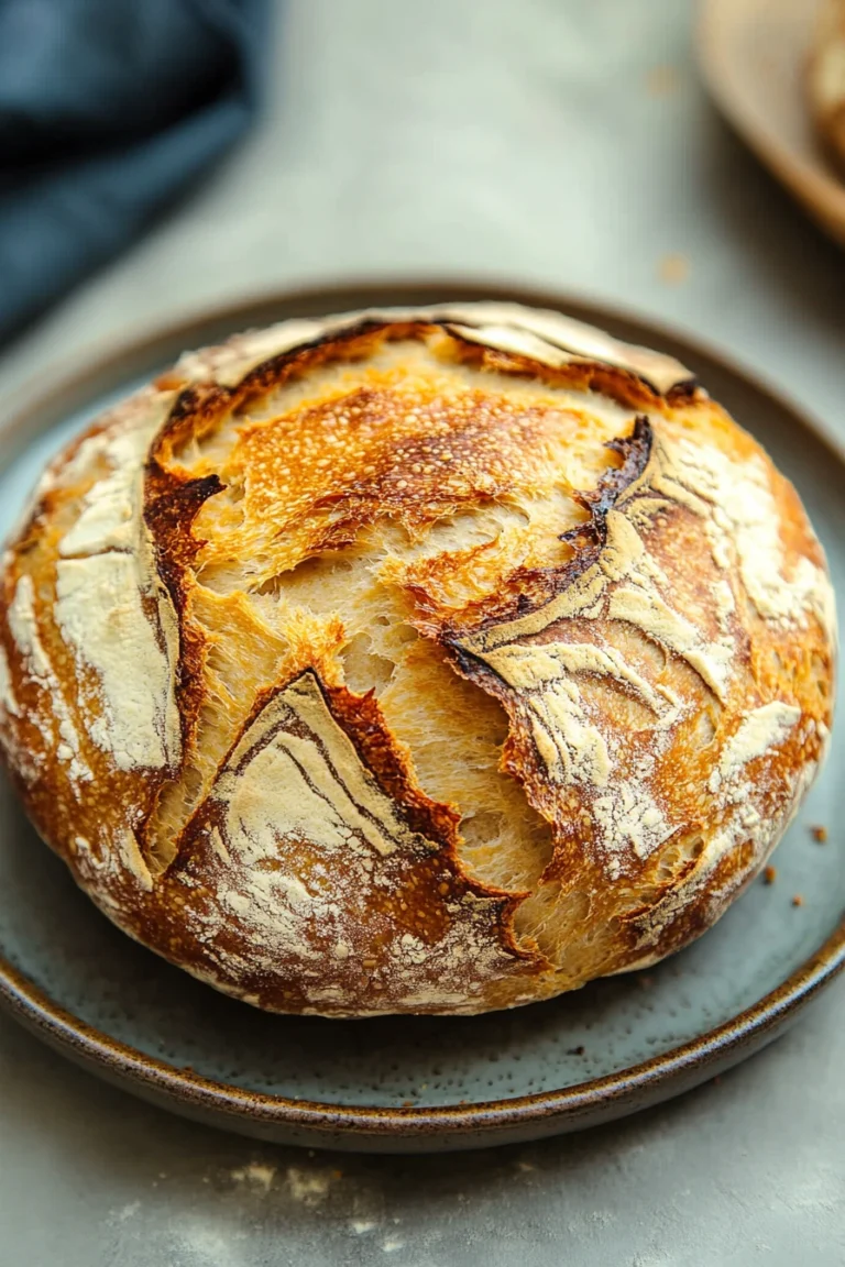 Close-up of freshly baked no knead bread with a golden crust.