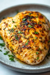 Close-up of air fryer chicken breast with Italian dressing on a white plate