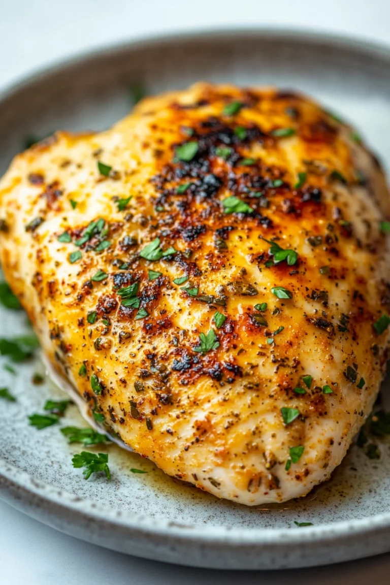 Close-up of air fryer chicken breast with Italian dressing on a white plate