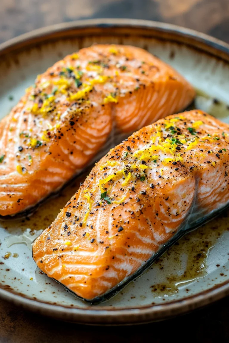 Close-up of air fryer salmon with lemon pepper seasoning and lemon slices on a plate.