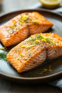 Close-up of air fryer salmon with a low sodium glaze on a white plate