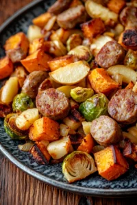 Close-up of apple gouda chicken sausage sheet pan with bright, natural lighting