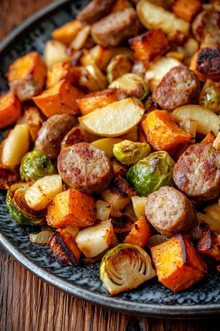 Close-up of apple gouda chicken sausage sheet pan with bright, natural lighting