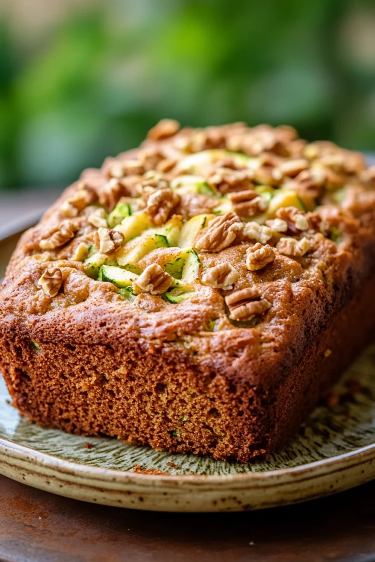 Close-up of apple zucchini cake with a golden crust and visible apple slices