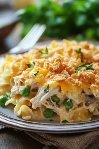 Close-up of a baked chicken noodle casserole with golden cheese topping