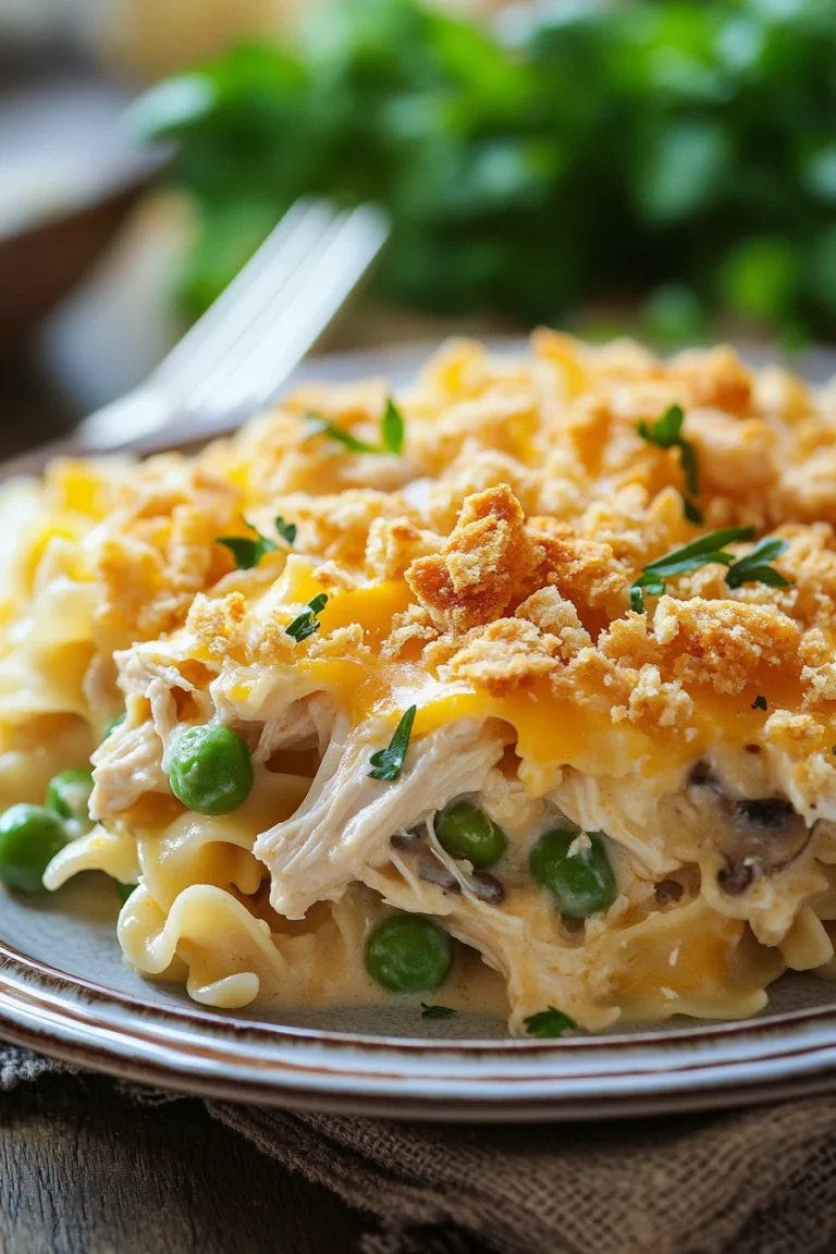 Close-up of a baked chicken noodle casserole with golden cheese topping