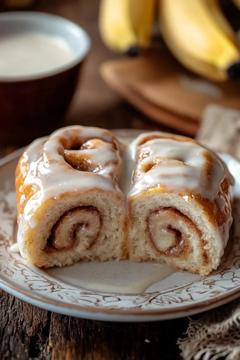 Close-up of banana bread cinnamon rolls with a golden brown crust and cinnamon swirl.