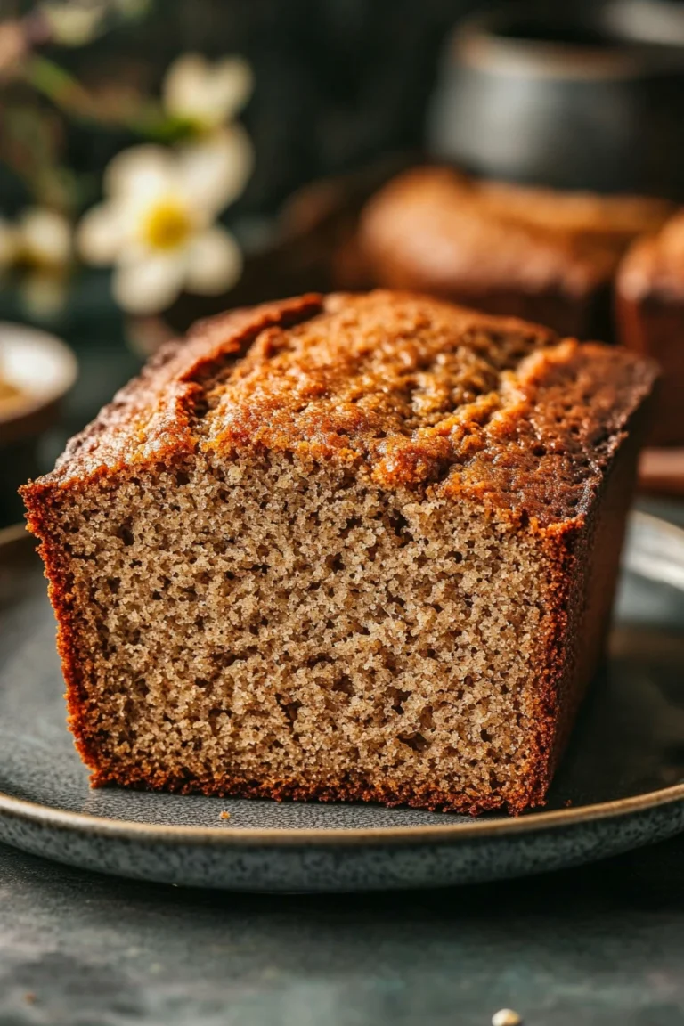 Close-up of banana bread made with oat flour, showing a slice with a golden crust and soft interior.
