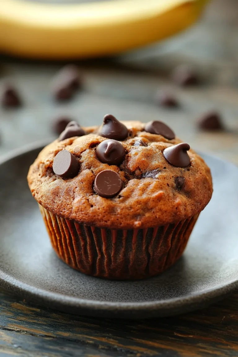 Close-up of banana chocolate chip vegan muffins with a warm, inviting appearance.