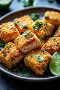 Close-up of bang bang salmon bites in air fryer with a golden crispy texture
