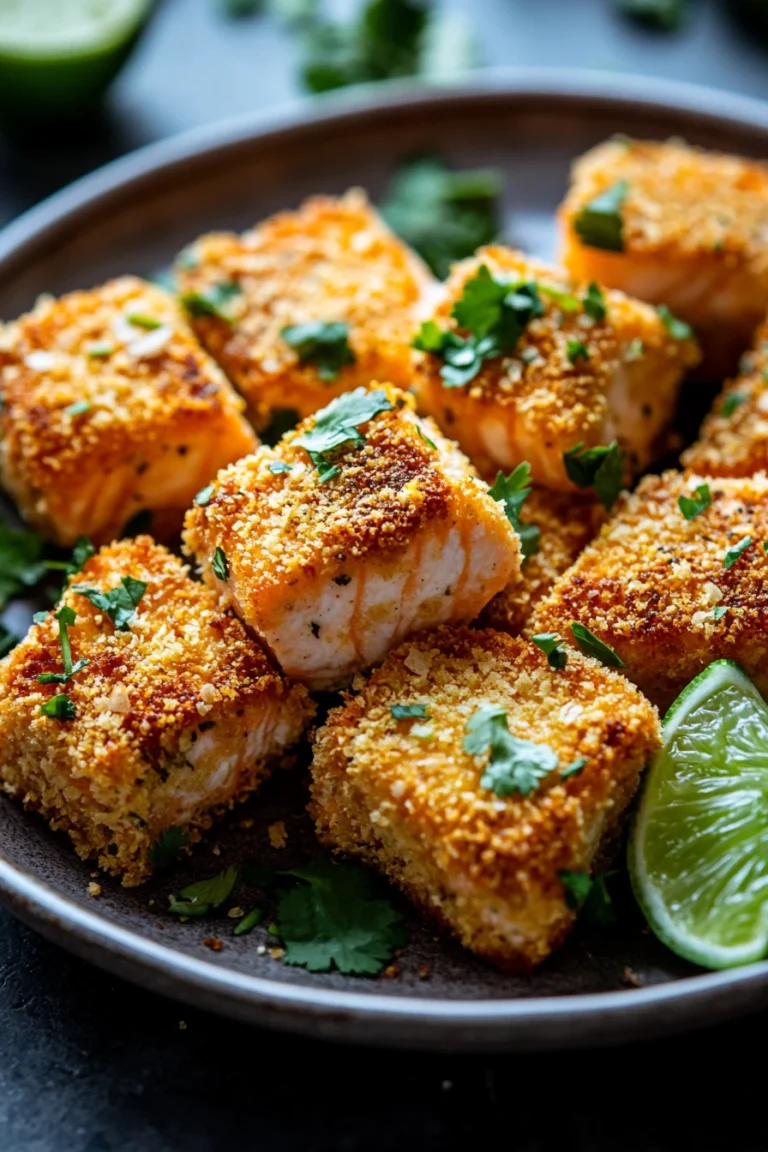 Close-up of bang bang salmon bites in air fryer with a golden crispy texture