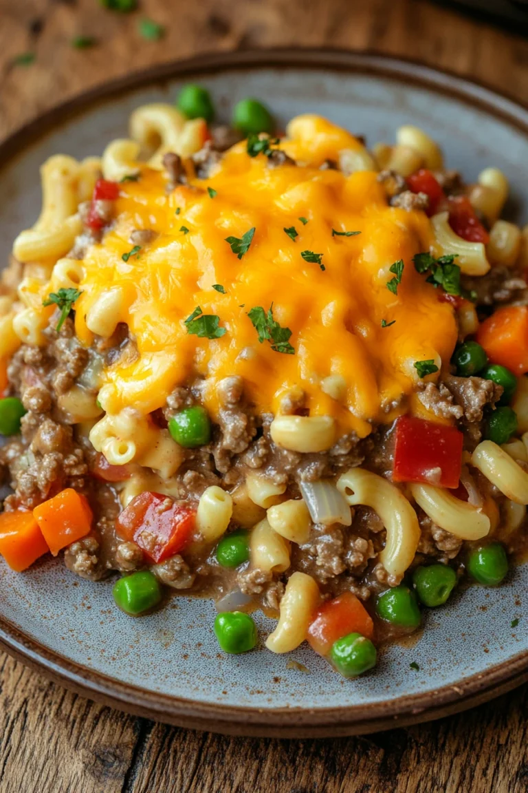 Close-up of beef casserole with ground beef and instant pot, garnished with herbs.