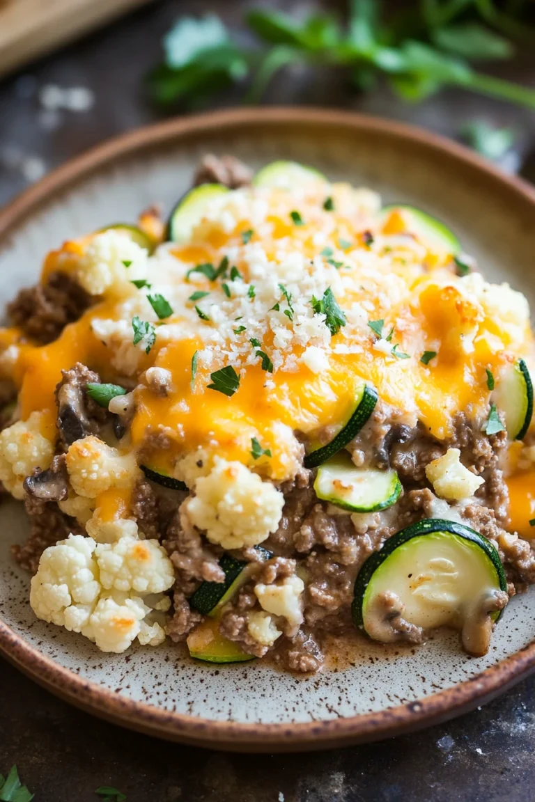 Close-up of a beef casserole with ground beef, topped with melted cheese and herbs, in a white dish.