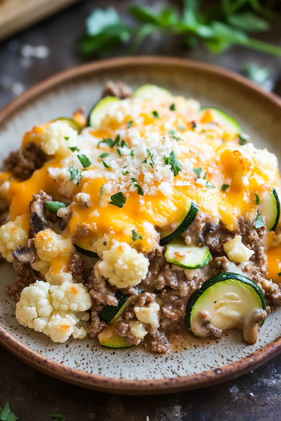 Close-up of a beef casserole with ground beef, topped with melted cheese and herbs, in a white dish.