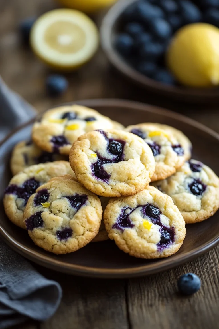 Close-up of blueberry lemon muffin top cookies with a golden brown texture and fresh blueberries.