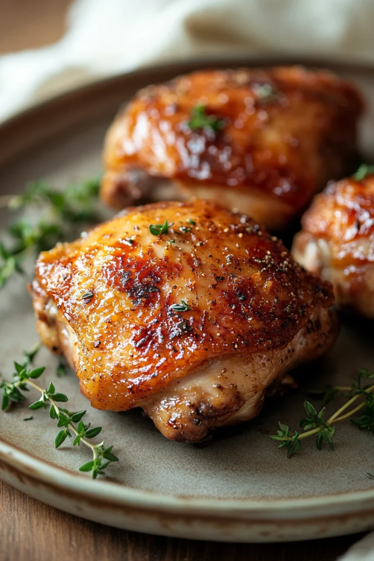 Close-up of boneless skinless chicken thigh cooked in an air fryer with a golden crispy texture.