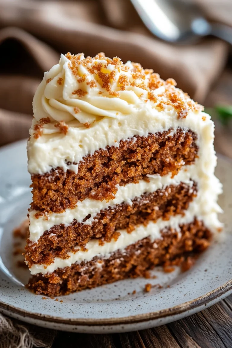 Close-up of a carrot cake slice with cream cheese frosting on a minimal background.