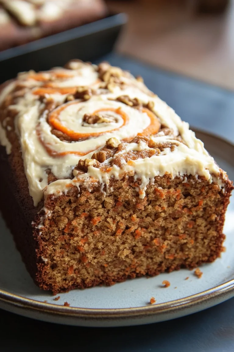 Close-up of a carrot cake loaf with cream cheese swirl on a wooden board