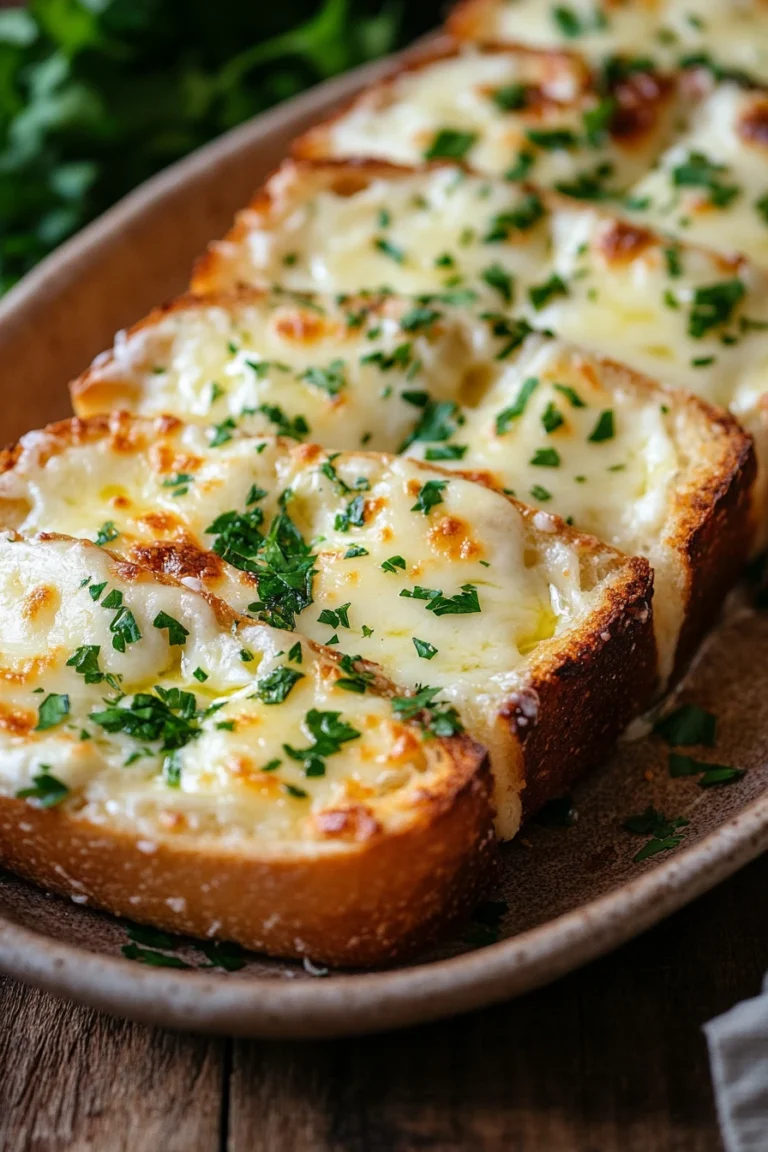 Close-up of cheesy garlic bread with melted cheese and garlic on a wooden board.