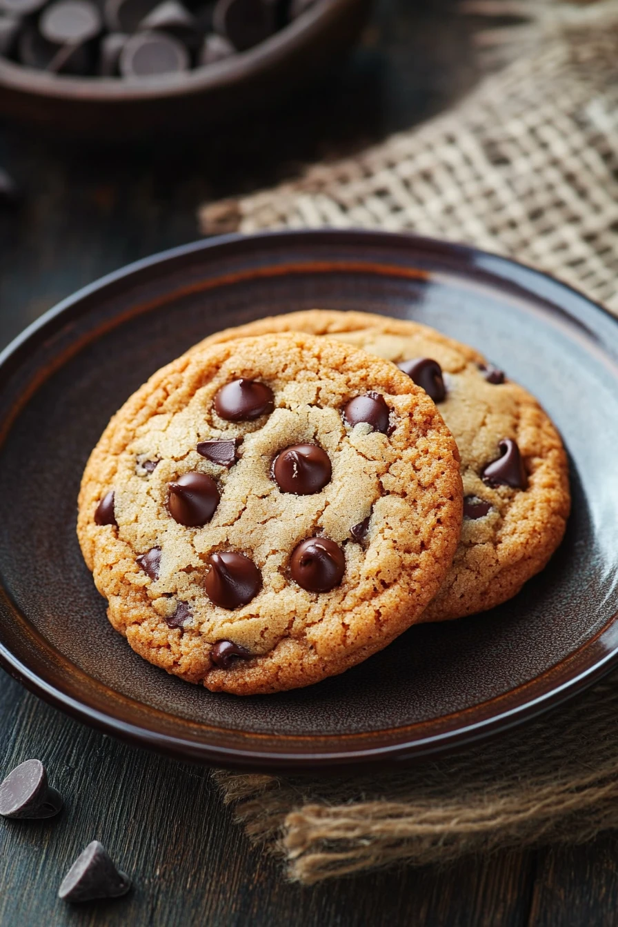 Close-up of a chewy cookie with a golden-brown texture and crisp edges.