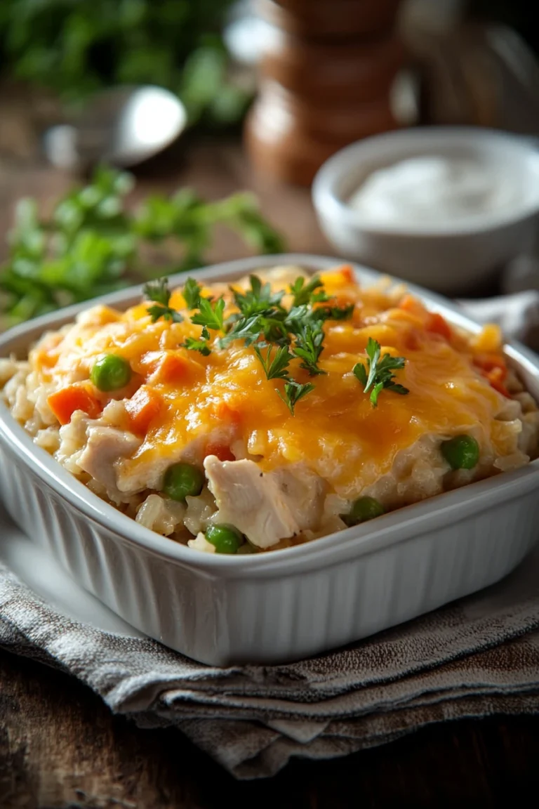 Close-up of a chicken and brown rice casserole with a golden crust and herbs.