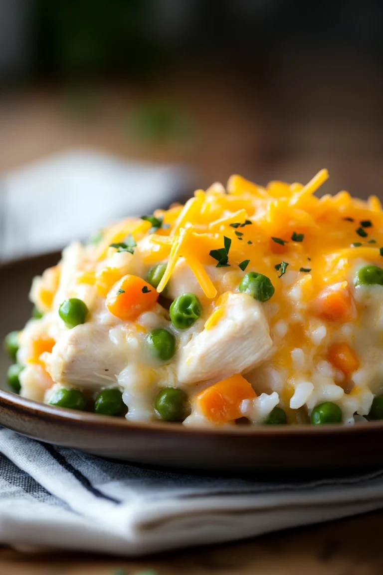Close-up of a delicious chicken casserole with creamy sauce and herbs, perfect for a comforting meal.