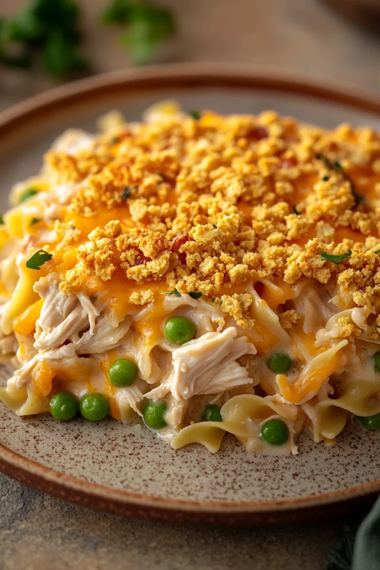 Close-up of a chicken noodle casserole with creamy sauce, perfect for a freezer meal.